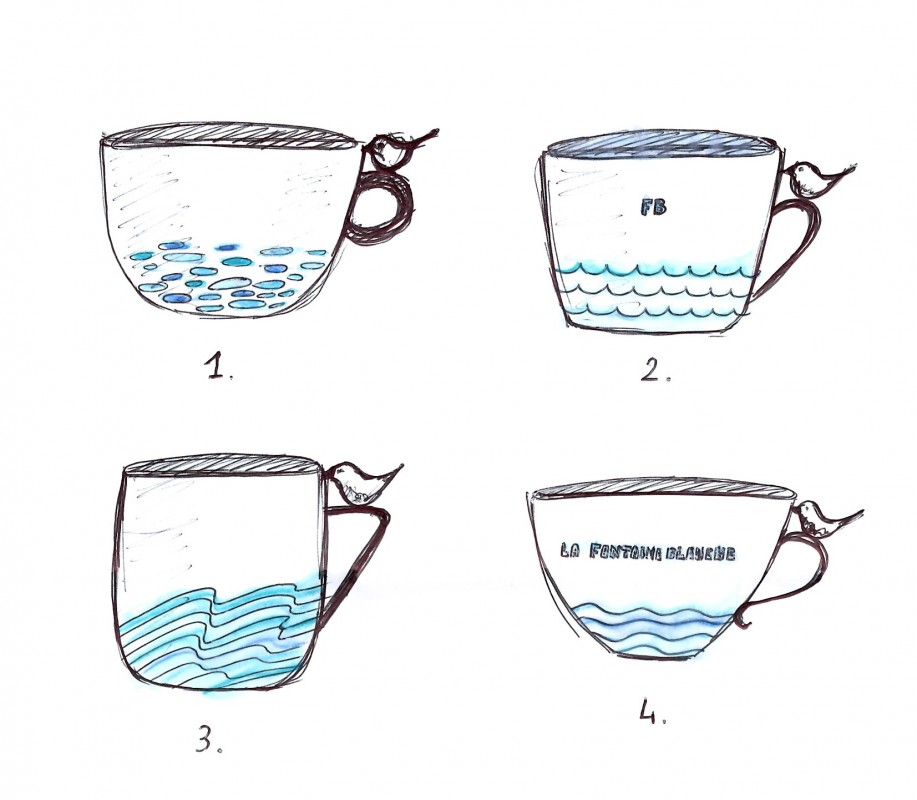 Thème de l'eau et de la Fontaine. Formes de tasses variées.
