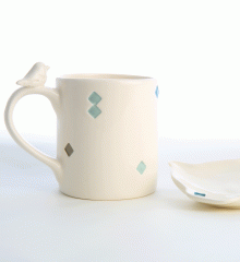 Ensemble de mug et repose sachet de thé moineaux losanges.