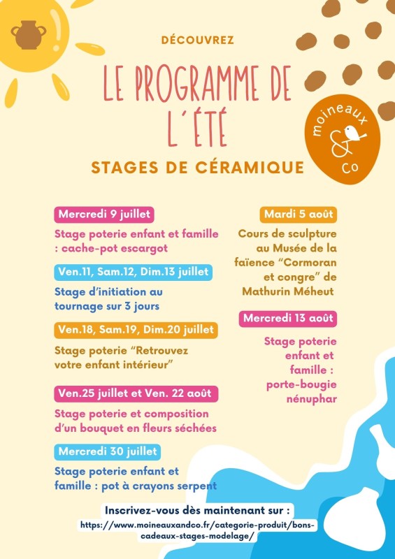 Programme de l'été - Stages de céramique - Atelier Moineaux & Co Quimper